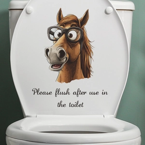 Sticker de Toilette Cheval de Dessin Animé Drôle avec Lunettes Amovible Imperméable PVC Sticker Mural de Salle de Bain Signe de Chasse d'Eau