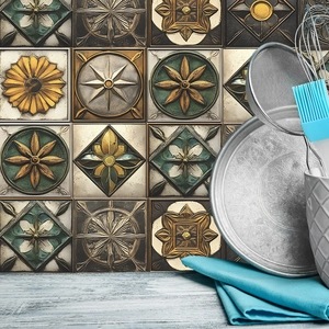 European vintage floral tile stickers with metallic relief patterns for kitchen backsplash