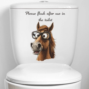 Sticker toilette tête de cheval rigolo avec slogan 'Please flush' pour salle de bain