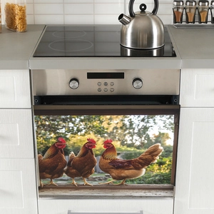 Detail of dishwasher sticker with three hens on wood beam in cozy garden setting