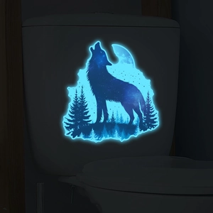Luminous lone wolf toilet sticker with glowing ice blue moonlight forest design