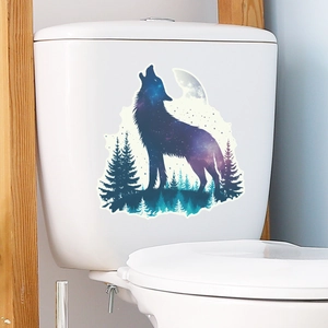 Lonesome wolf sticker with starry galaxy texture applied to a white toilet tank