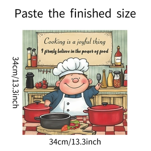 Detail showing cartoon chef wall sticker with kitchen elements and size markings