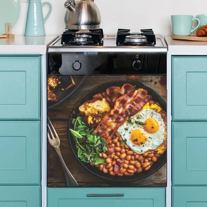 Detailed food photography decal showing full English breakfast on a kitchen appliance