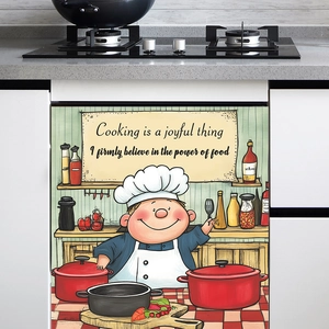 Cartoon chef wall sticker showing cooking is a joyful thing on a white kitchen cabinet