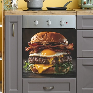 Detail of magnetic dishwasher cover with high-definition American beef burger sticker