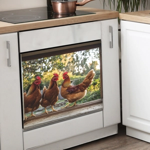 Farmhouse rooster dishwasher magnet cover with three brown roosters on rustic wooden fence