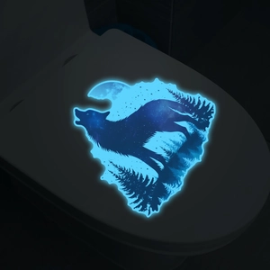 Luminous lone wolf and forest toilet seat sticker with glow-in-the-dark blue moon design