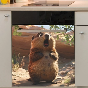 Dettaglio dell'adesivo magnetico 3D con marmotta divertente per la lavastoviglie moderna