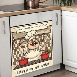 Chef illustration dishwasher magnet decal with kitchen quotes on cream background