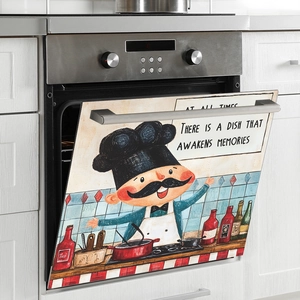 Detailaufnahme eines Magnetstickers für den Ofen mit Kochmotiv und englischen Zitaten