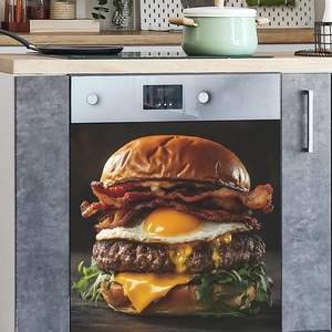 Self-adhesive kitchen appliance decal featuring a realistic multilayer beef burger design