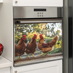 Rustic dishwasher magnet cover with three realistic roosters on a wooden ledge