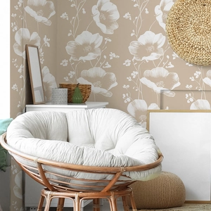 Elegant non-woven wallpaper featuring white floral patterns on a beige background in a room