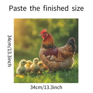 Detailed view of pastoral rooster kitchen sticker showing 34x34cm size specifications