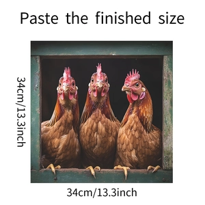 Detail view of rustic kitchen sticker featuring three hens in a frame, size 34x34 cm