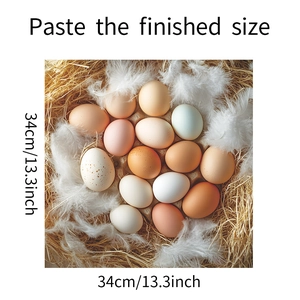 Close-up of DIY diamond painting showing colorful eggs and feathers, size 34cm x 34cm
