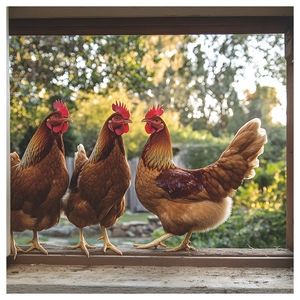 Country style dishwasher magnet cover featuring three brown roosters on wooden frame