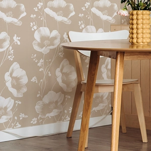 Modern minimalist wallpaper with large white flower pattern on beige background for home decor