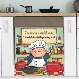 Cartoon chef kitchen wall decal with joyful cooking quote for dishwasher cabinet decor