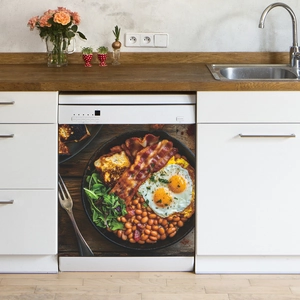 English breakfast theme kitchen sticker featuring eggs and bacon on wood background
