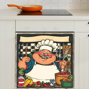 Vibrant cartoon chef sticker on kitchen dishwasher with black and white tile design