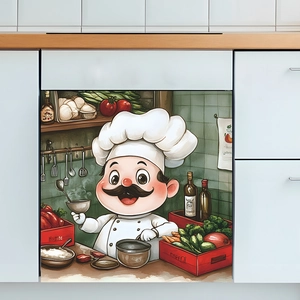 Detailansicht eines Küchenaufklebers mit Cartoon-Koch auf einem weißen Schrank mit Gemüse