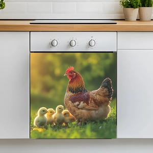 Pastoral hen and chicks dishwasher magnet cover sticker applied on white kitchen appliance
