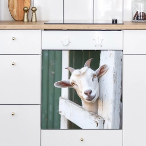 Cute lamb oven sticker for kitchen decor on a white minimalist cabinet door