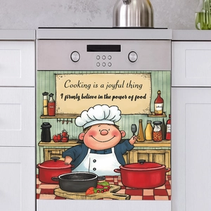 Chef illustration kitchen appliance wall sticker with cooking quote on silver dishwasher