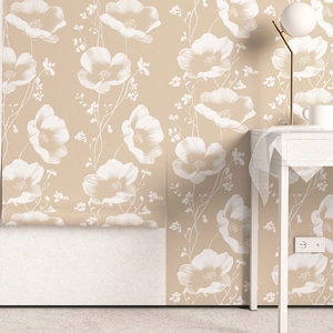 Detailed seamless view of floral non-woven wallpaper in beige and white for wall decor