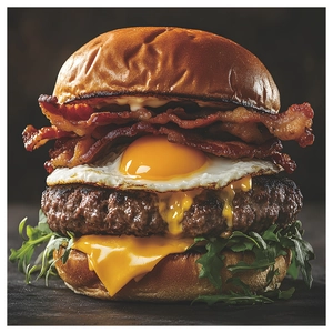 Classic American bacon beef burger wall sticker with melting cheese and fried egg