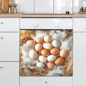 Decorative kitchen appliance sticker featuring colorful eggs in a nest with white feathers