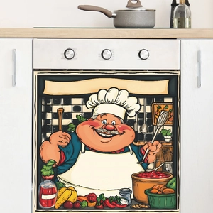Self-adhesive dishwasher decal with a cheerful fat chef cartoon in a retro kitchen style
