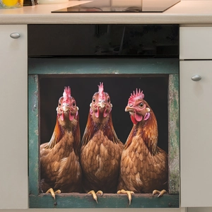 Three hens peeking from a green wooden window on a self-adhesive kitchen cabinet sticker