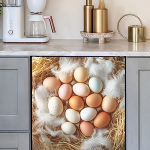 Kitchen appliance decal with realistic eggs and feathers on straw background