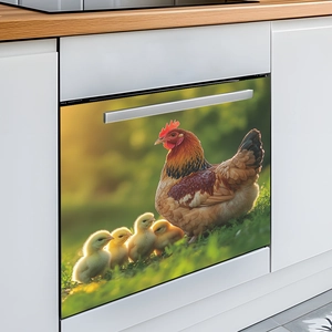 Self-adhesive dishwasher magnet cover with pastoral hen and chicks design for kitchen decor