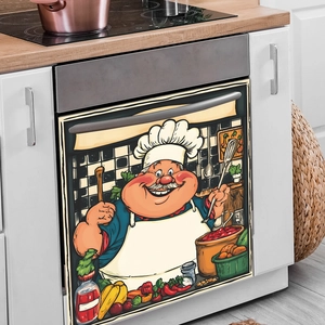 Cartoon chef kitchen sticker for dishwasher or oven decoration in a modern white kitchen