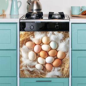 Magnetic dishwasher cover decal with realistic eggs and feathers in a hay nest