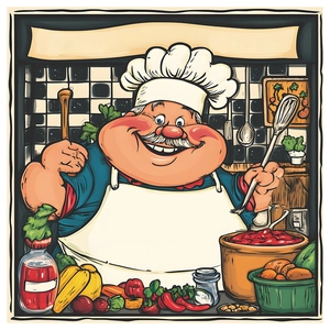 Cartoon fat chef wall sticker with kitchen elements on black and white tile background