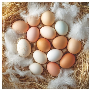 Colorful mixed farm eggs on nest background with soft feathers and natural lighting