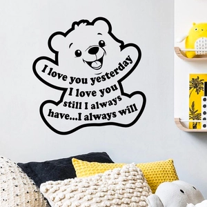 Sticker mural tête d'ours dessin animé avec citation romantique pour déco de chambre