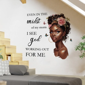 Adesivo da Parete con Citazioni Ispiratrici Ritratto di Donna Afroamericana Fiore Farfalla PVC Rimovibile Decorazione DIY per Soggiorno Camera da Letto Ufficio