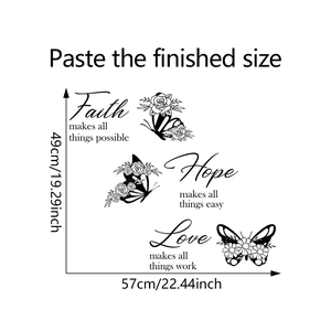 Detail of wall stickers showing inspirational butterfly slogans and product dimensions