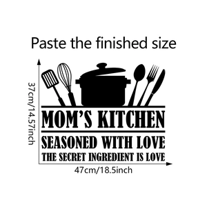 Detail view of Mom's Kitchen wall sticker showing dimensions 37x47cm with kitchen tools