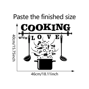 Détail de l'autocollant mural Cooking with Love montrant les dimensions 46cm par 40cm