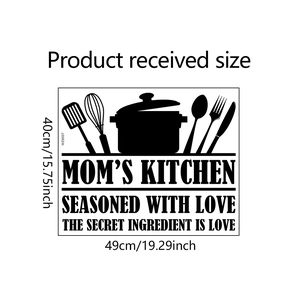 Detail showing 40x49cm kitchen wall decal with cutlery silhouettes and English quotes