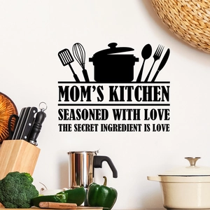 Black Mom's Kitchen wall decals featuring heart lettering and kitchen utensil silhouettes