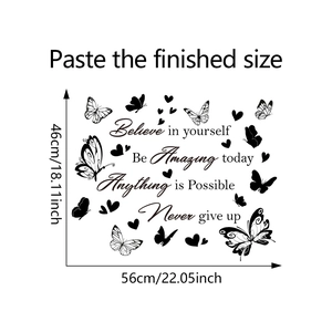 Detailed dimension guide for black butterfly inspirational wall stickers showing 56x46cm size