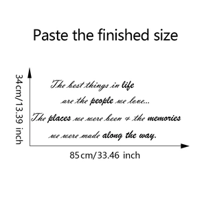 Detailed size chart for life, love, and memories quote wall decal, 85cm x 34cm dimensions
